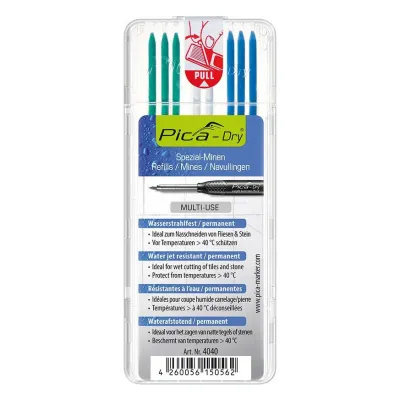 Водостойкий грифель Pica-Marker 4040 для карандаша Pica-Dry 3030, (3 синих, 2 белых, 3 зеленых)