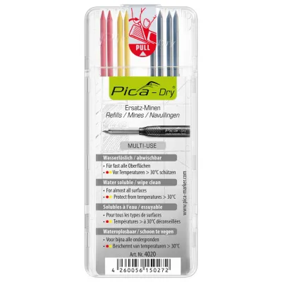 Грифель Pica-Marker 4020 для карандаша Pica-Dry 3030, (4 темных, 2 красных, 2 желтых)