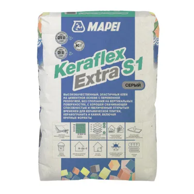 Эластичный клей для плитки любого формата Keraflex Extra S1, Mapei 25 кг, серый