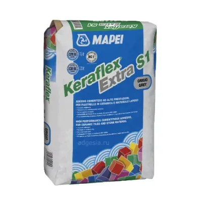 Эластичный клей для плитки любого формата Keraflex Extra S1, Mapei 25 кг, серый